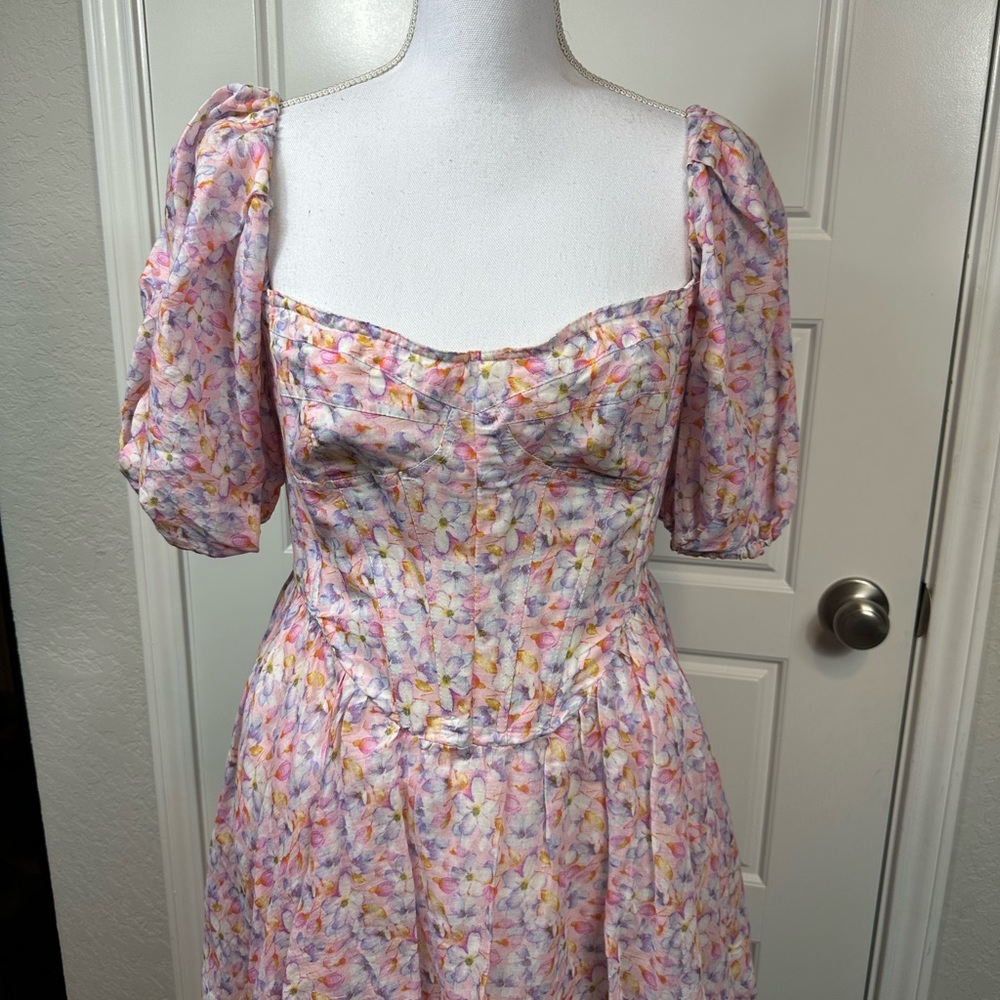 BARDOT Kiah Colorful Floral Cottagecore Corset Puff Sleeve Mini Dress Size Large - Picture 3 of 11